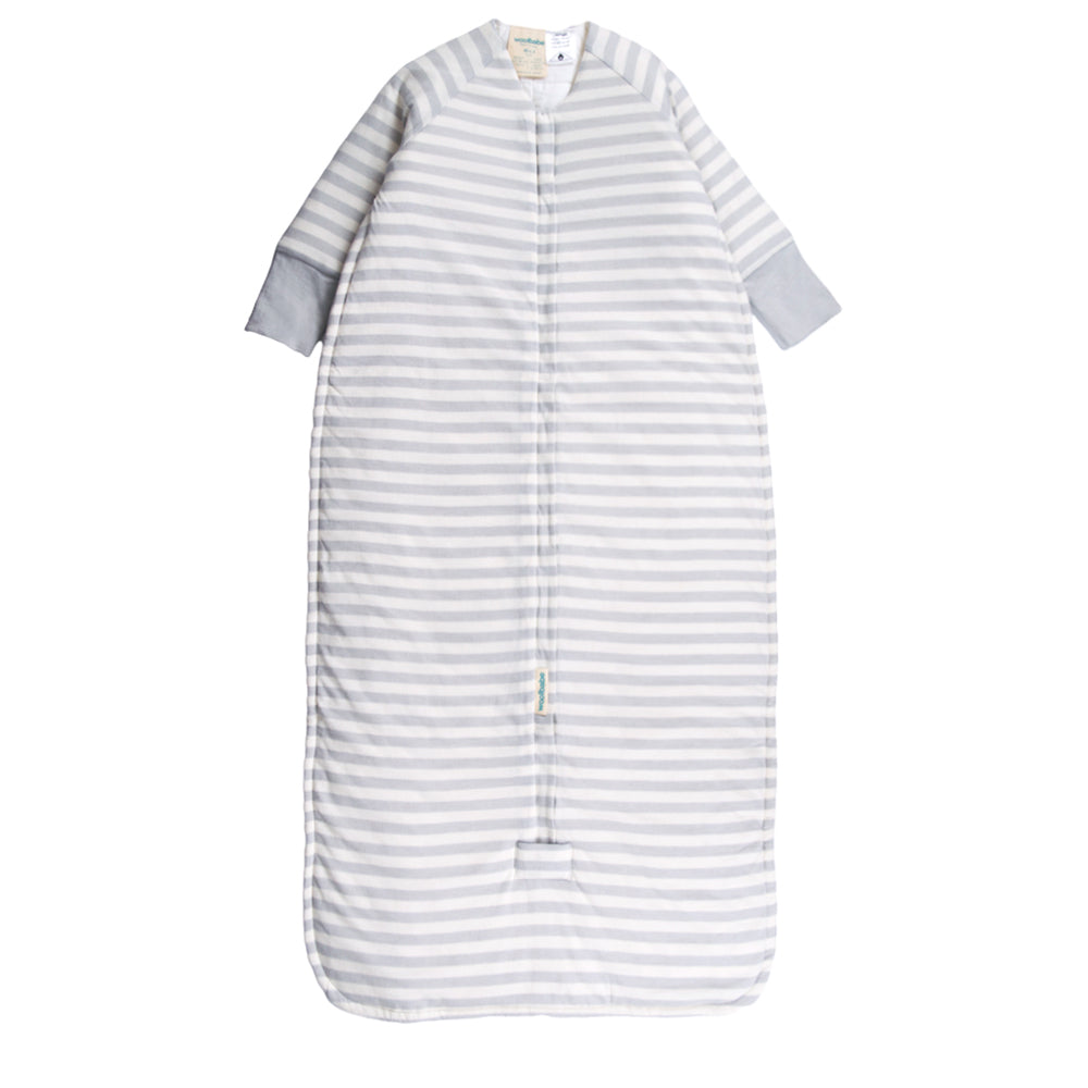 Striped baby sleeping bag with long sleeves on a white background