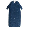 Blue baby sleeping bag with long sleeves with star pattern on a white background