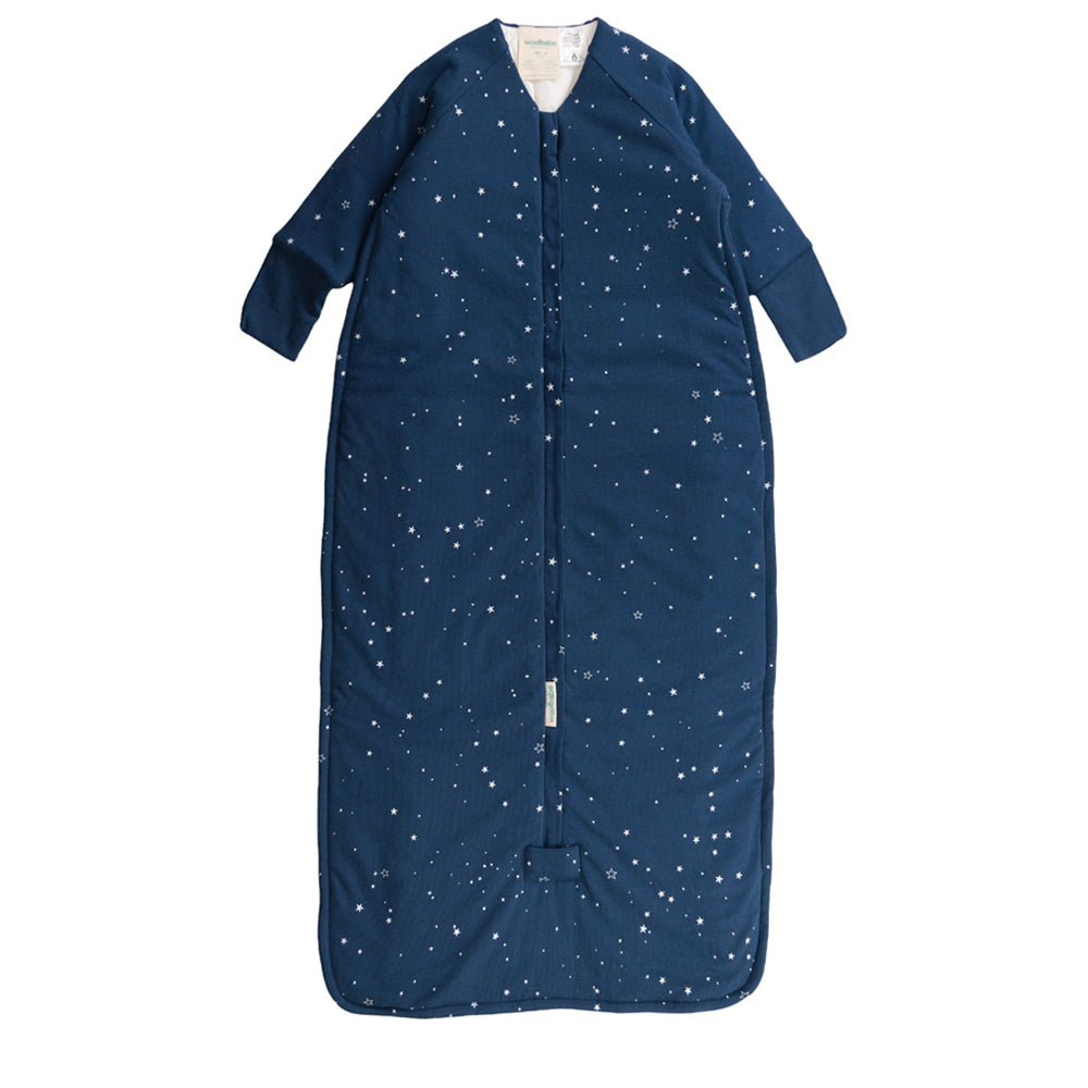 Blue baby sleeping bag with long sleeves with star pattern on a white background