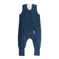 Navy blue baby romper with star pattern on a white background