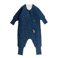 Navy blue baby onesie with star pattern on a white background