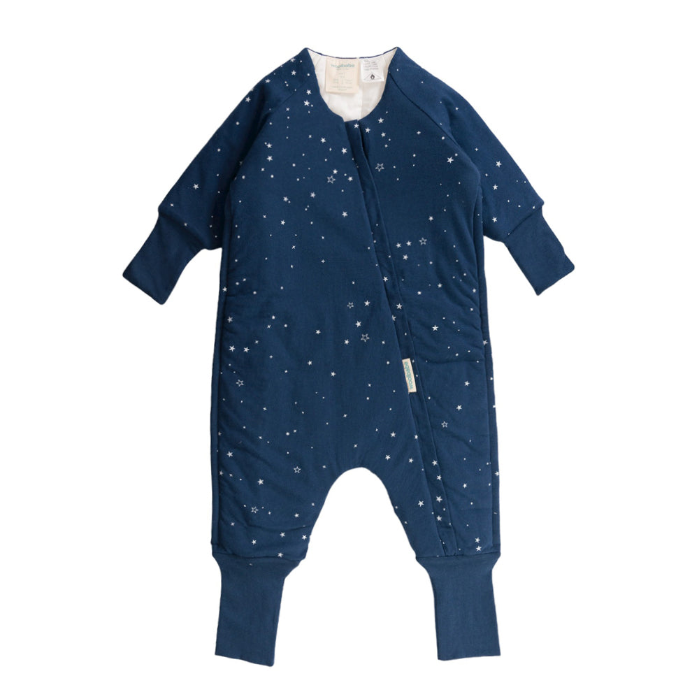 Navy blue baby onesie with star pattern on a white background