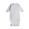 Gray and white striped prem baby gown on a white background