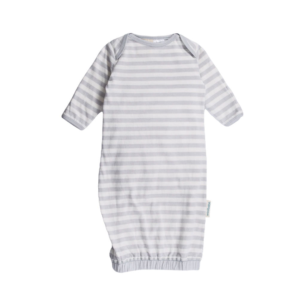 Gray and white striped prem baby gown on a white background