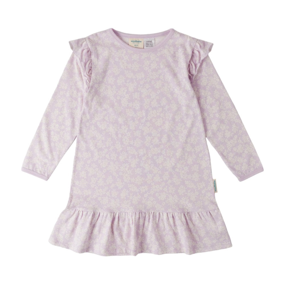 Purple dress with ruffled sleeves on a white background