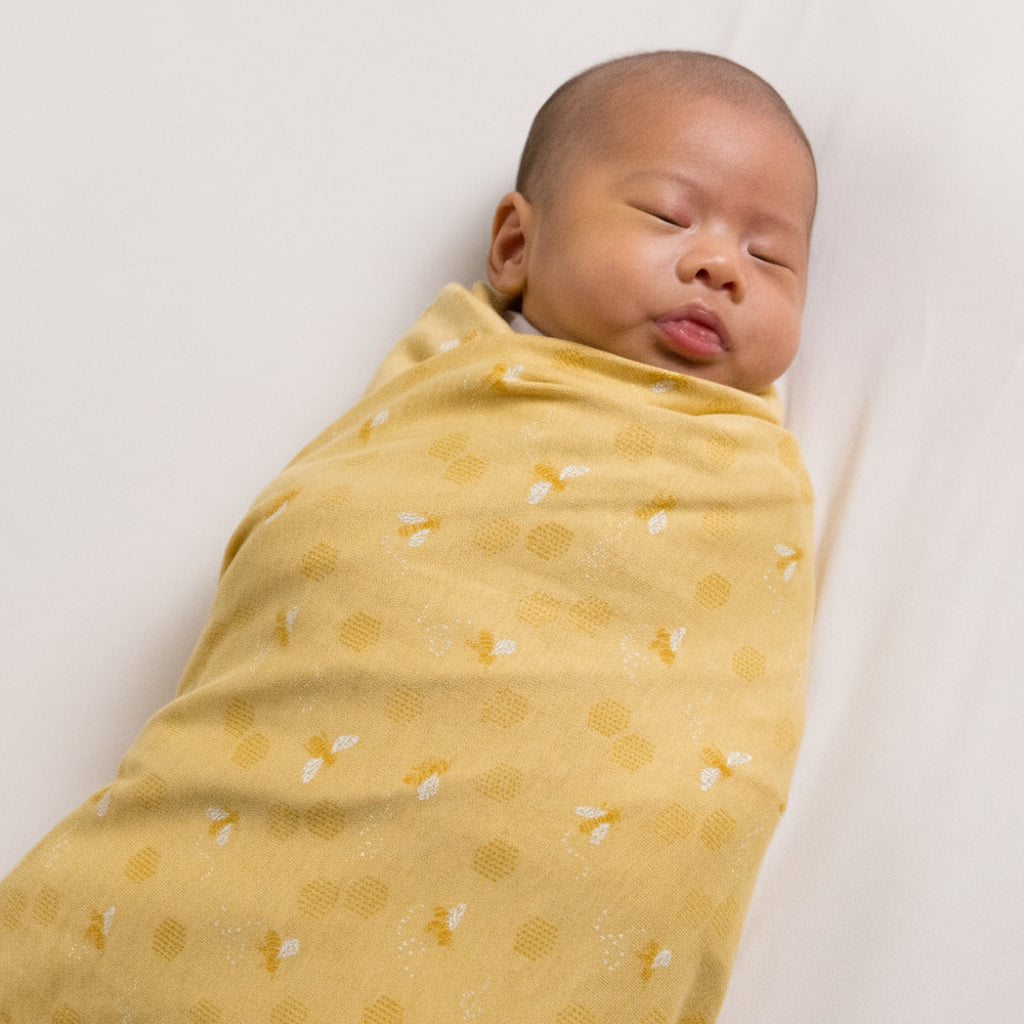 Newborn baby swaddled in a yellow blanket with a bee print a white background