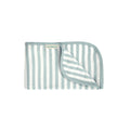 Striped baby blanket with 'woolabebe' branding on a white background
