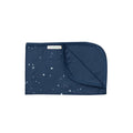 Navy blue baby swaddling blanket with star pattern on a white background