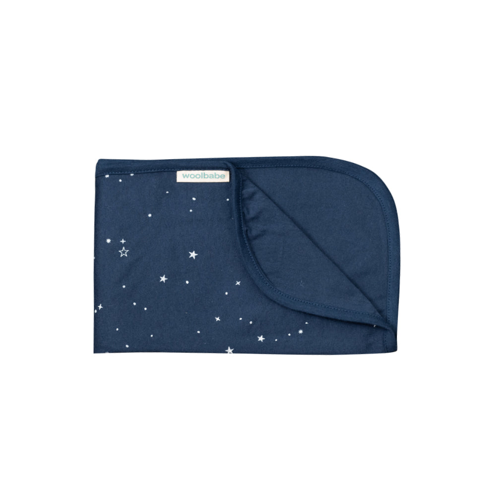 Navy blue baby swaddling blanket with star pattern on a white background
