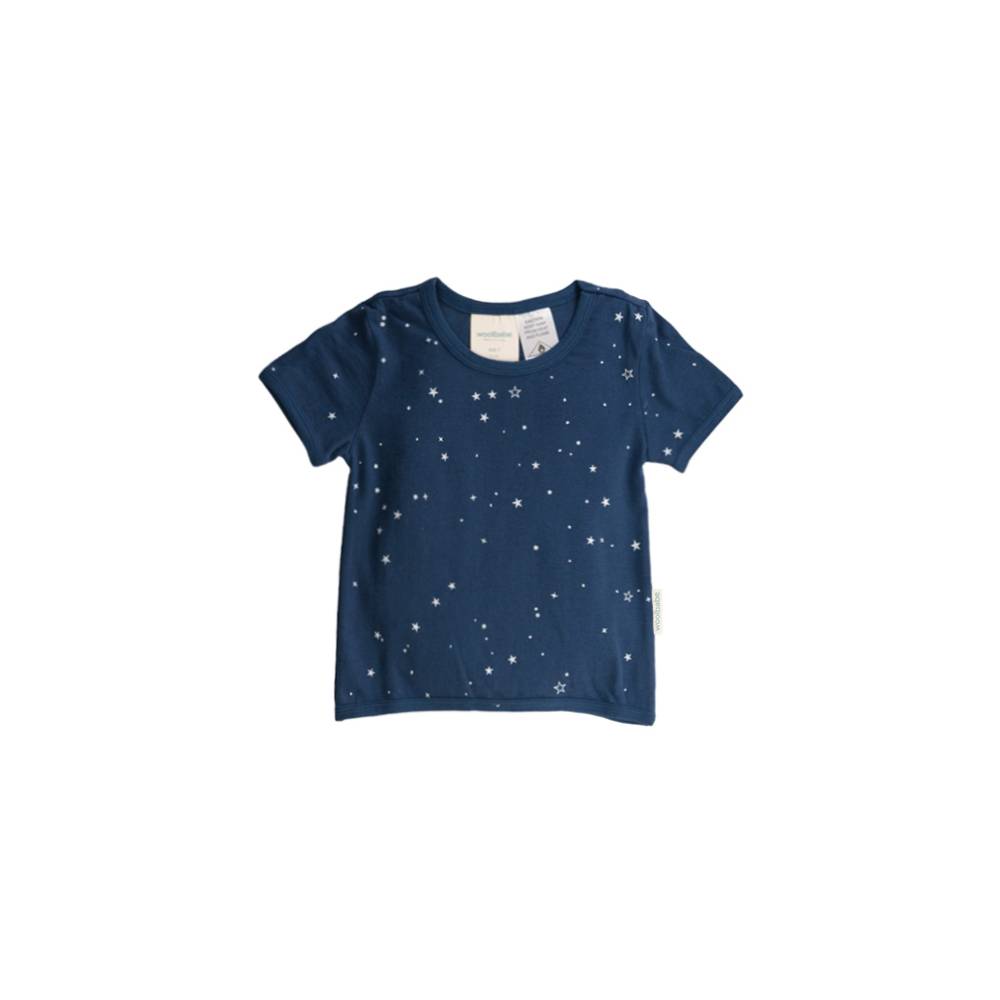 Short sleeve pyjama top in navy star design on a white background