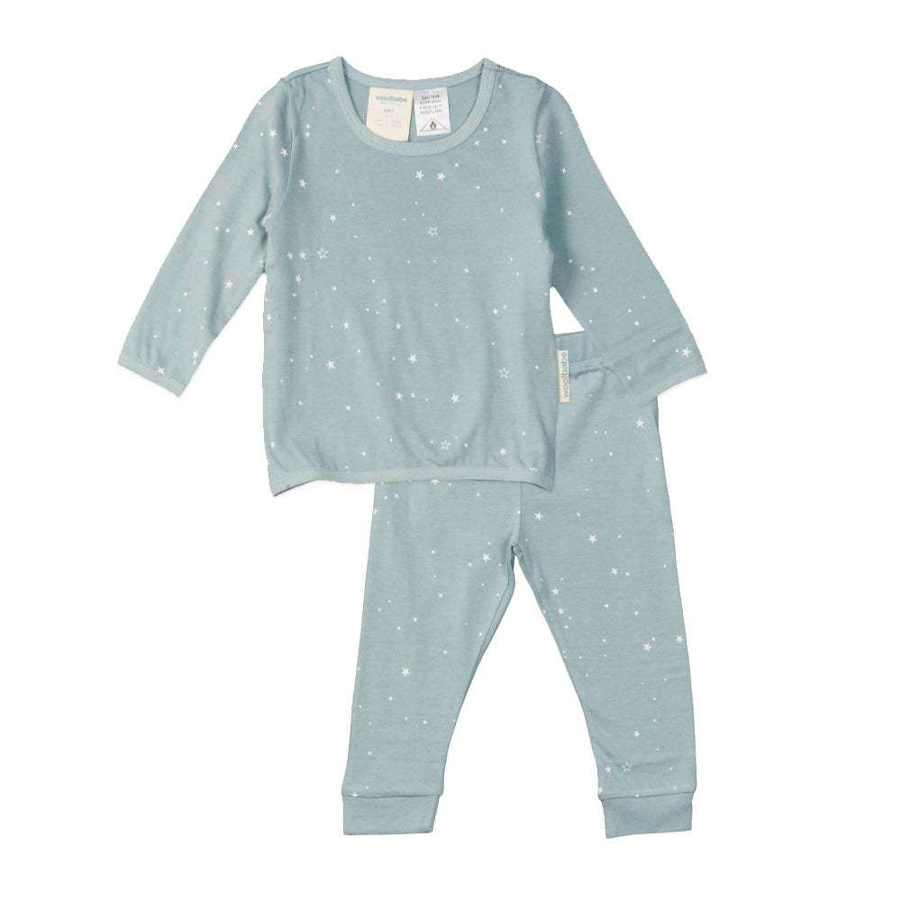 Children's pajama set with long-sleeve top and pants on a white background