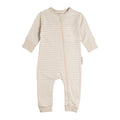 Beige striped woolbabe merino baby onesie with a zipper on a white background