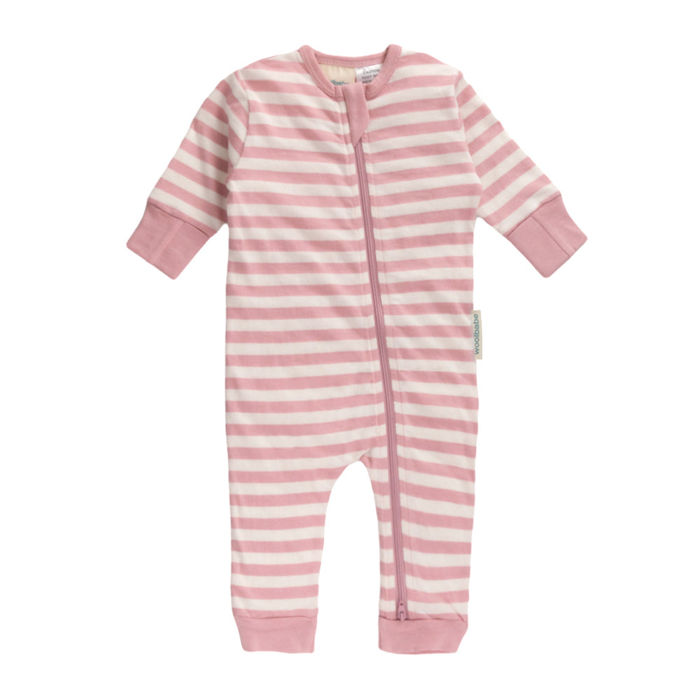 Pink stripe woolbabe baby onesie on white background