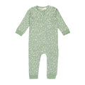 Green woolbabe baby onesie with a subtle pattern on a white background