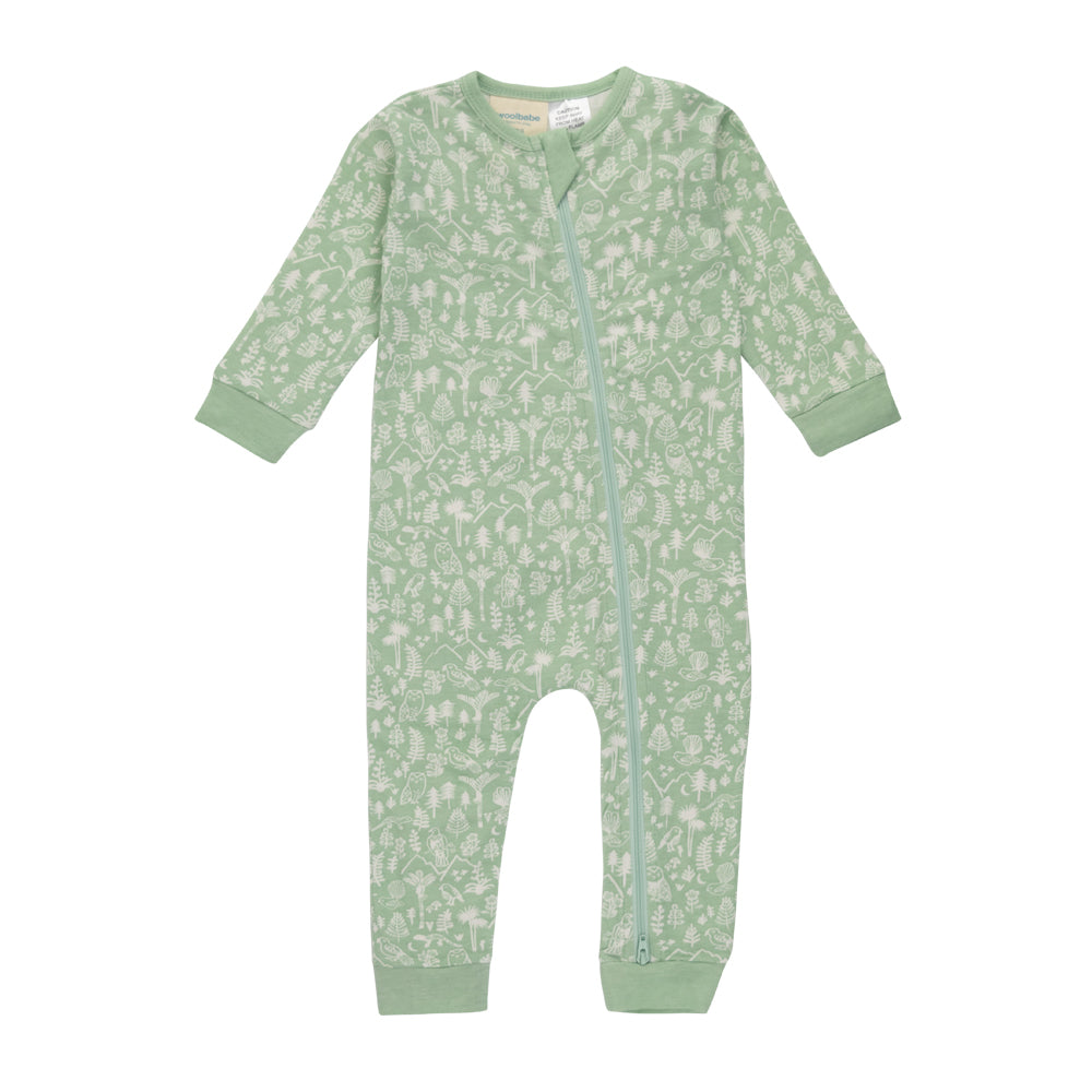 Green woolbabe baby onesie with a subtle pattern on a white background