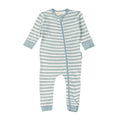 Striped baby woolbabe onesie with blue and white colors on a white background