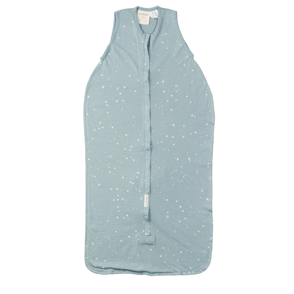Light blue baby sleeping bag with star pattern on a white background