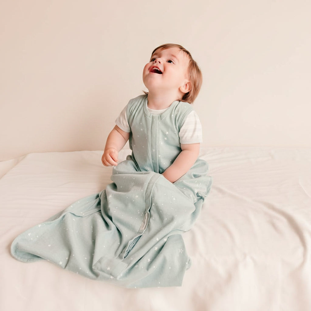 Child in a light blue outfit sitting on a white surface with a dark blue background