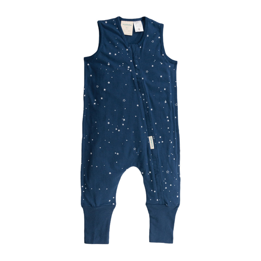 Navy blue baby sleep suit for summer with star pattern on a white background