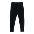 Black merino lounge pants with pockets and drawstring on a white background