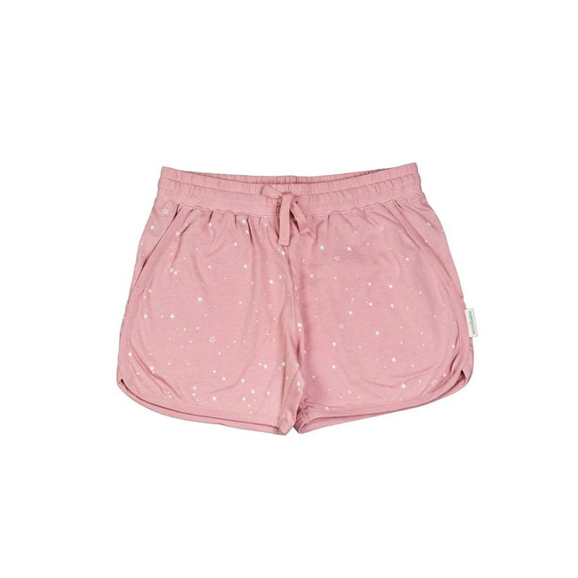 Pink PJ shorts with white stars on a white background