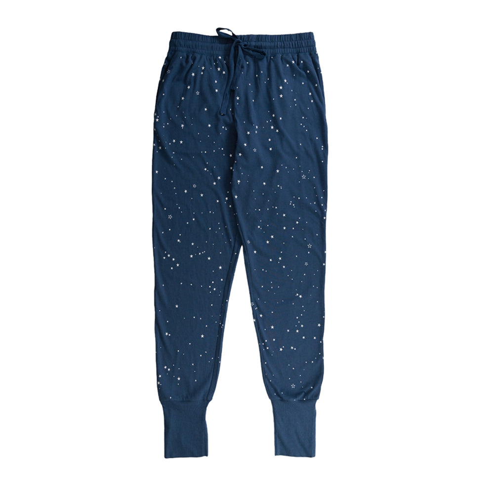 Navy blue merino cotton lounge pants with star pattern on a white background