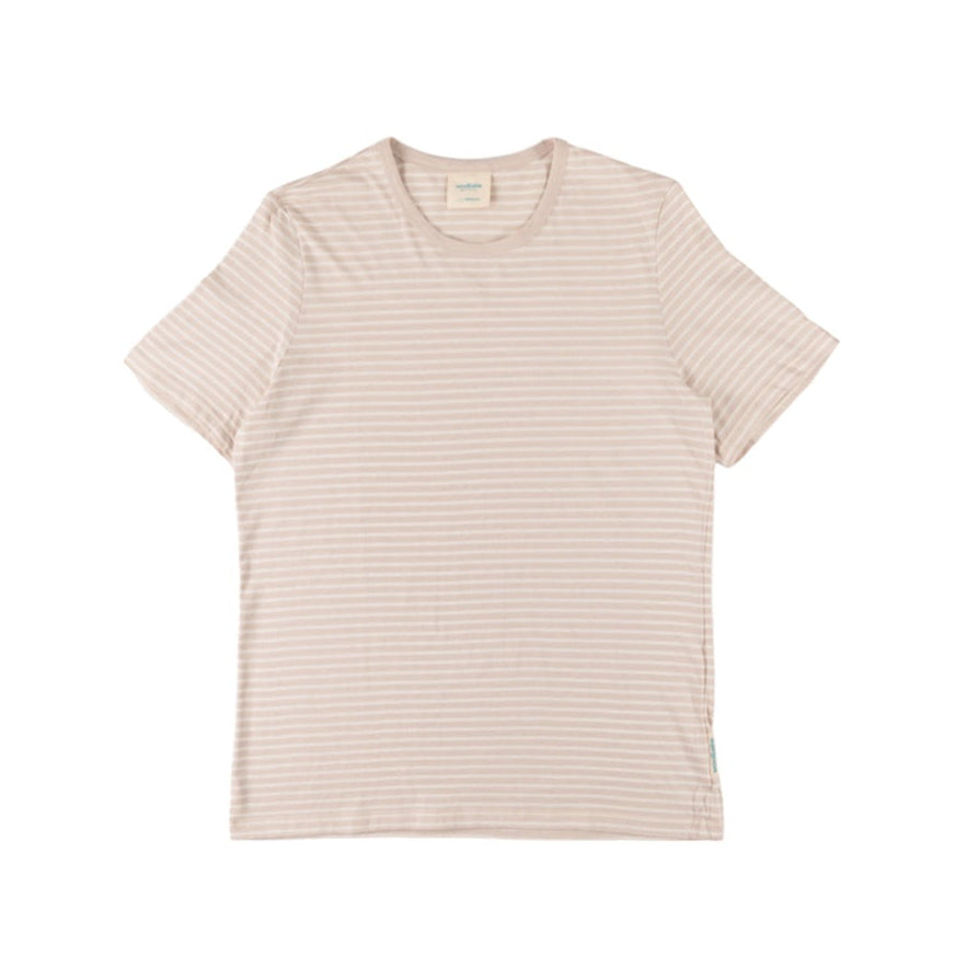 Beige striped adult woolbabe t-shirt on a white background