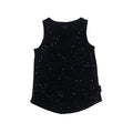 Black sleeveless woolbabe lounge tank top with white stars on a white background