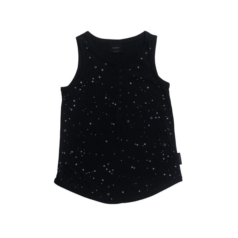 Black sleeveless woolbabe lounge tank top with white stars on a white background