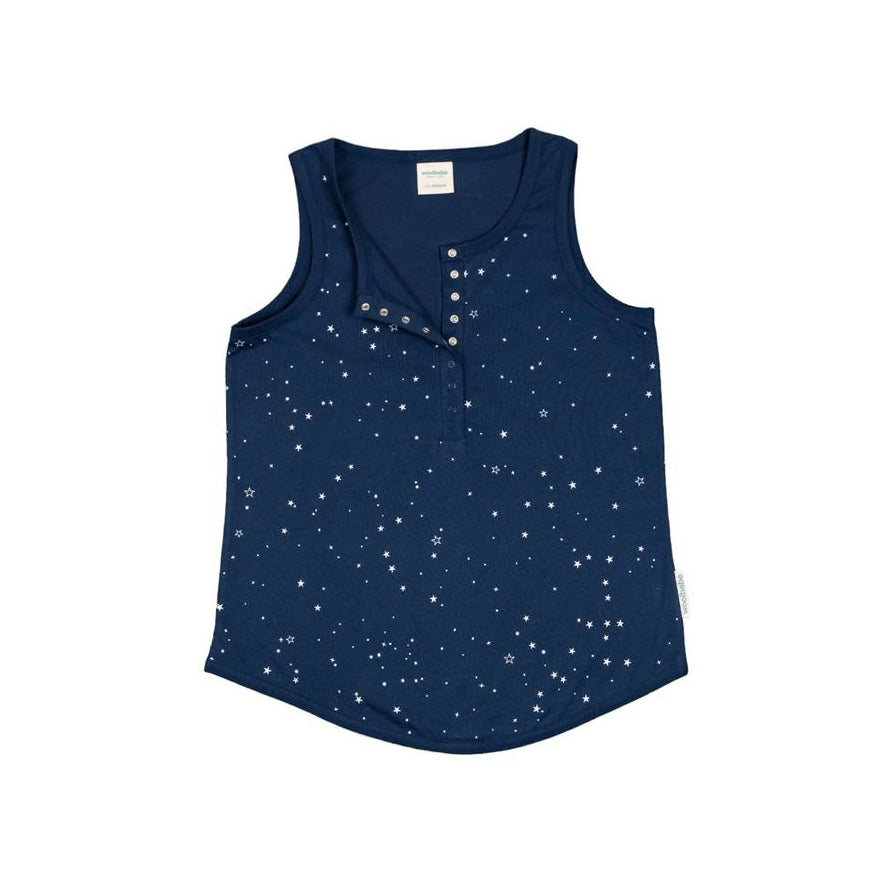 Navy blue sleeveless shirt with star pattern on a white background
