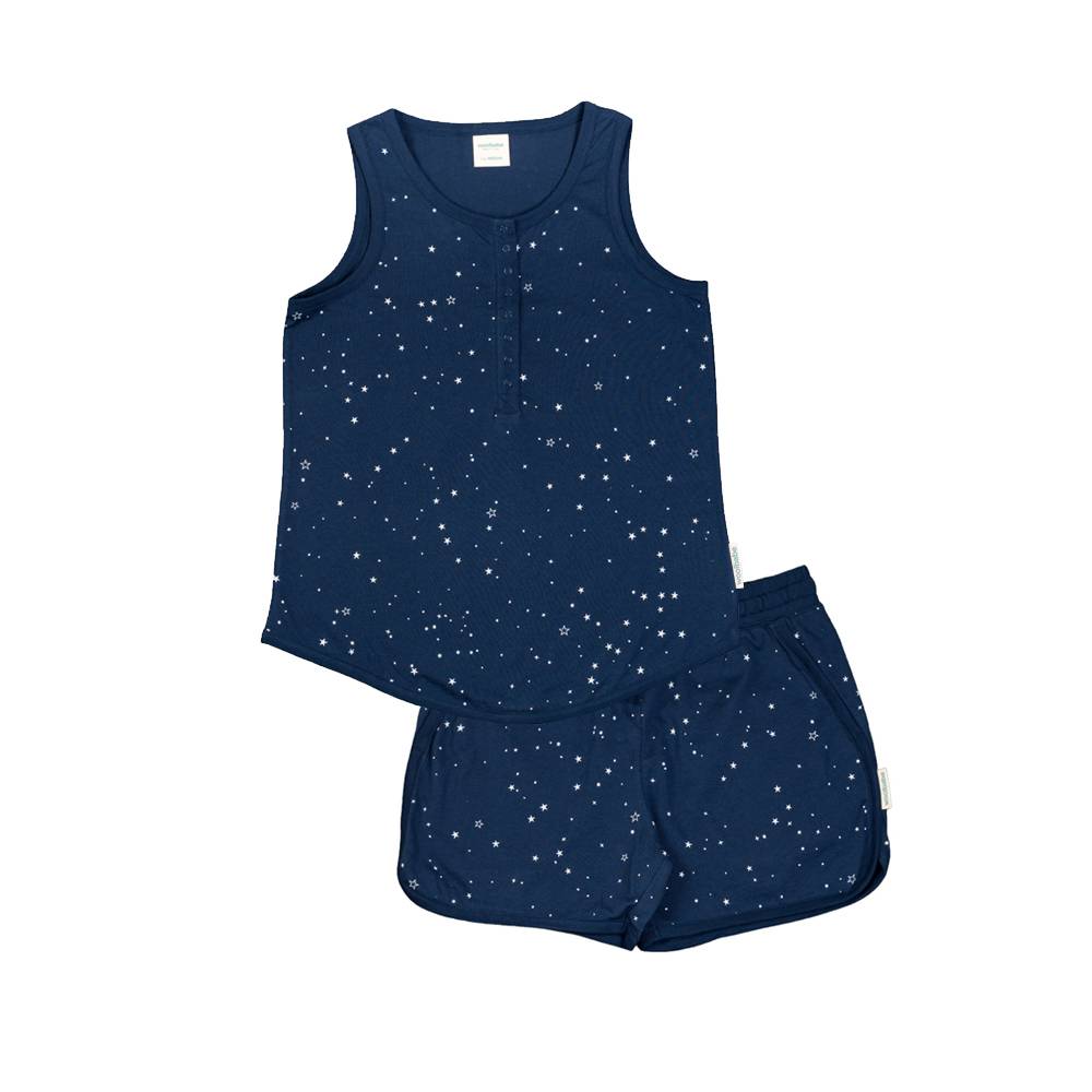 Navy blue sleeveless top and shorts set with star pattern on a white background