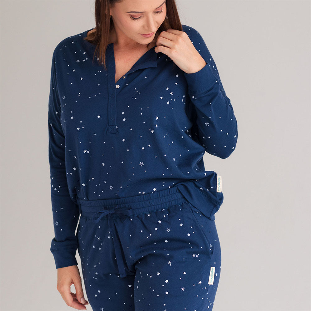 Relax! Merino Cotton Henley Top - Tekapo Stars