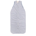 Blue and white striped sleeveless woolbabe sleeping bag on a white background