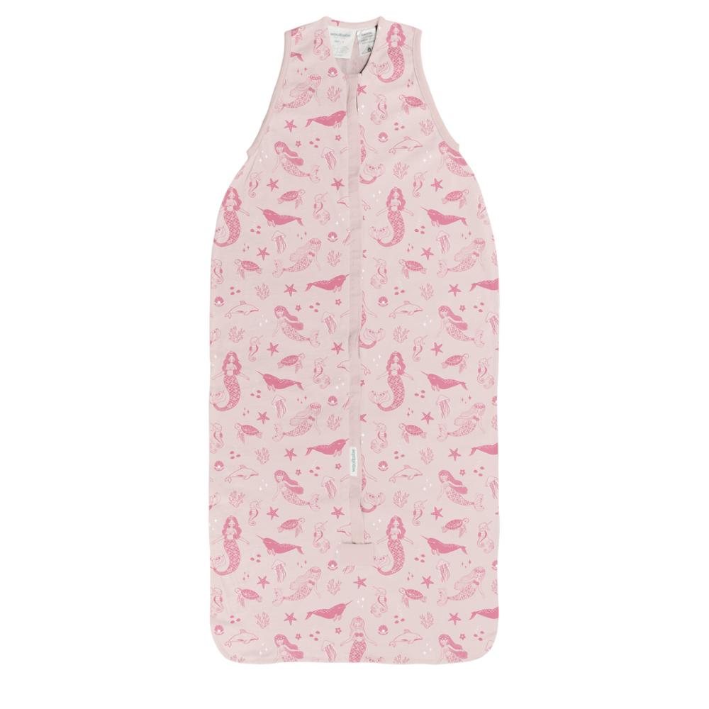 Pink children's merino sleeping bag with mermaid pattern on a white background