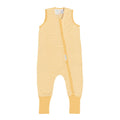 Yellow and white striped baby onesie with a zipper on a white background