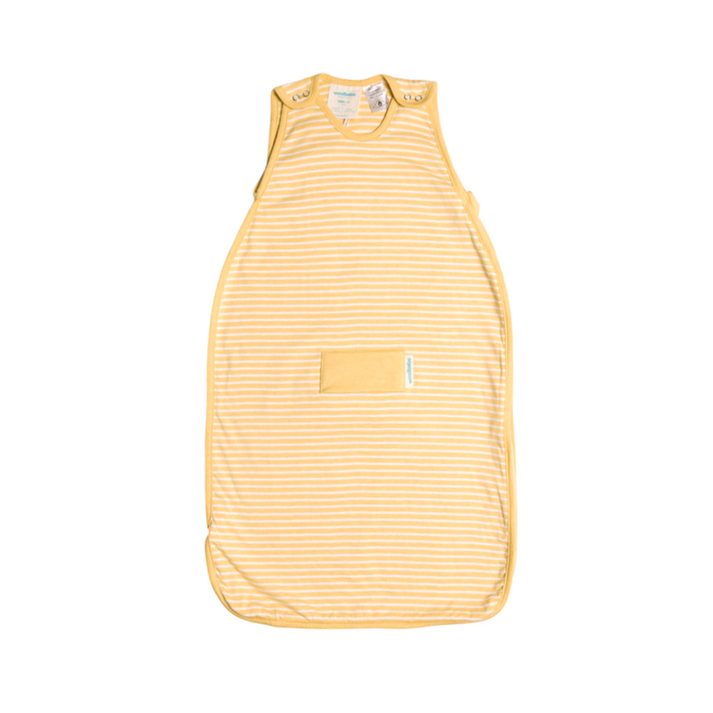 Yellow striped woolbabe merino baby sleeping bag on a white background