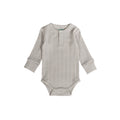 Gray ribbed baby onesie on a white background