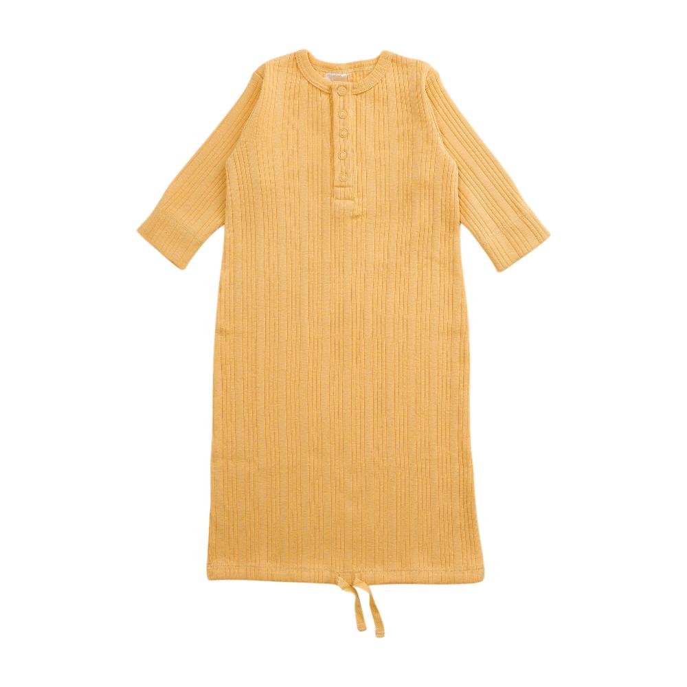 Yellow ribbed merino baby gown on a white background