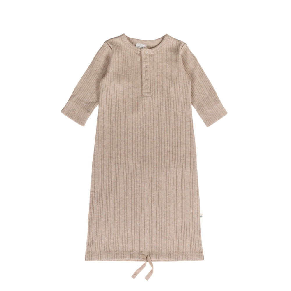 Beige ribbed merino baby gown with long sleeves on a white background