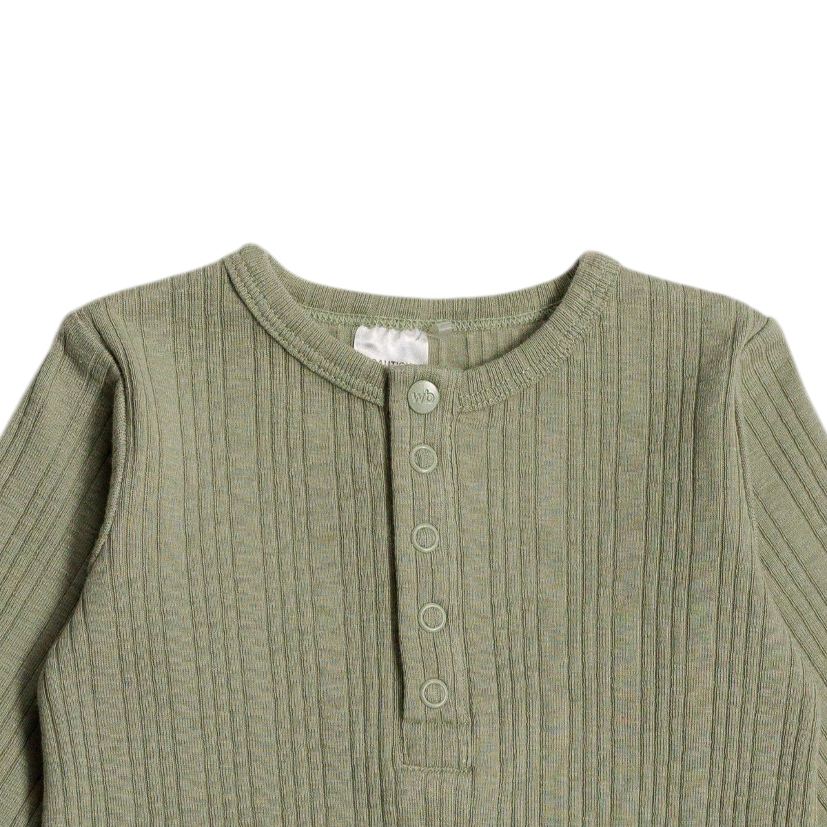 Green ribbed long-sleeve baby gown with neck snaps  on a white background