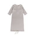 Grey merino rib baby gown with a drawstring on a white background