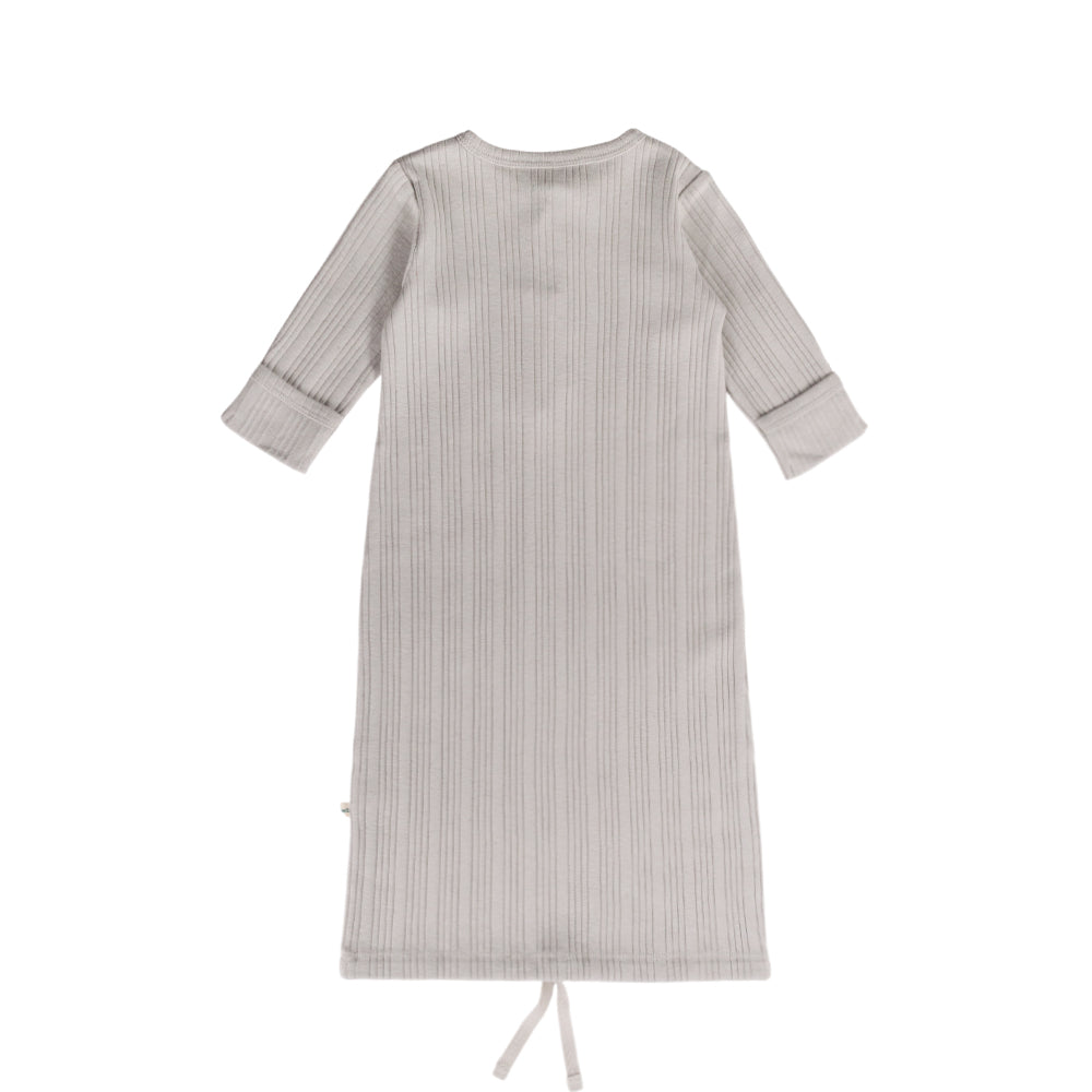 woolbabe Light gray ribbed baby nightie with a tie at the bottom on a white background