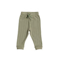 Green ribbed woolbabe baby pants with a drawstring on a white background