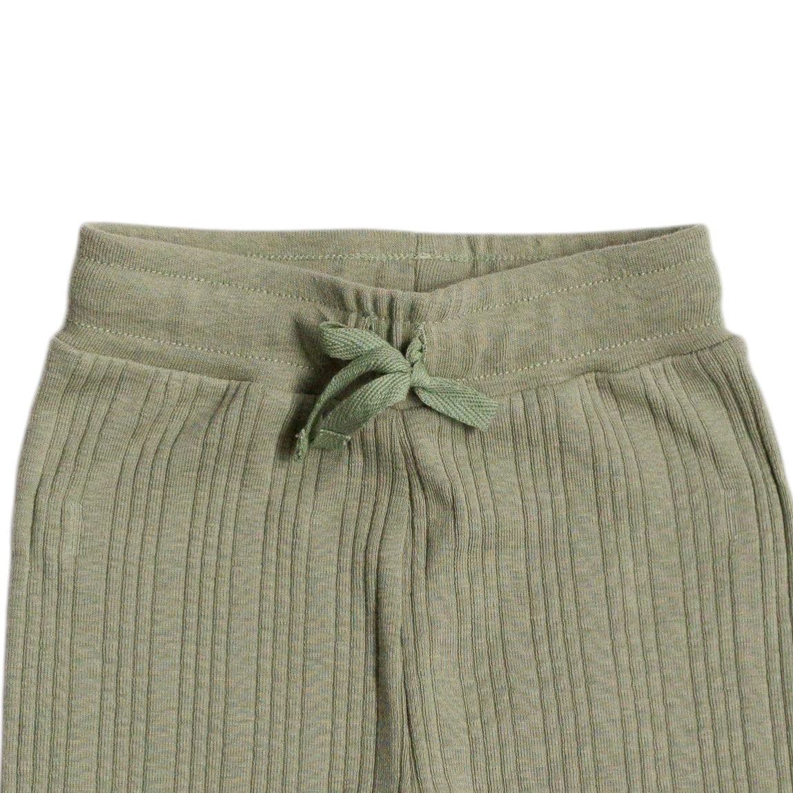 Green merino ribbed pants with a drawstring on a white background
