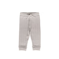 Gray ribbed woolbabe baby pants with a white drawstring on a white background