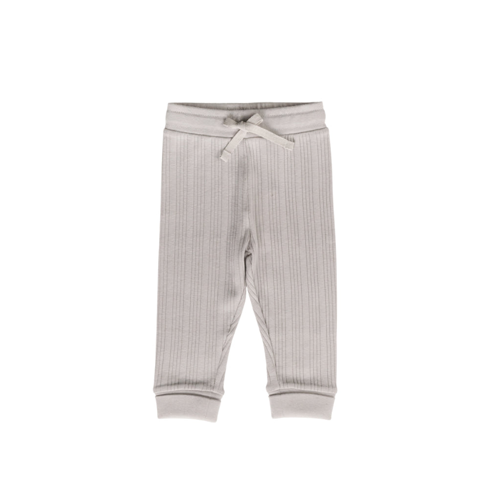 Gray ribbed woolbabe baby pants with a white drawstring on a white background