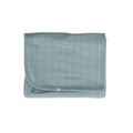 Folded teal baby blanket on a white background
