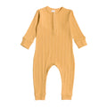 mustard Yellow ribbed woolbabe baby onesie on a white background
