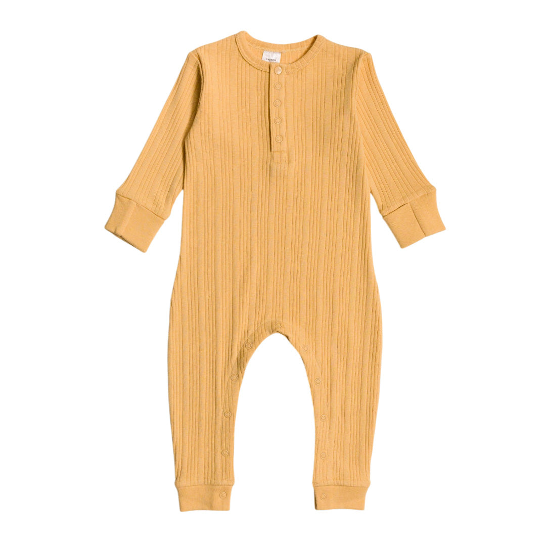 mustard Yellow ribbed woolbabe baby onesie on a white background