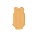 woolbabe Yellow ribbed baby singletsuit on a white background